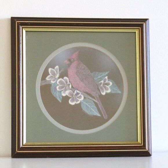 Vintage Framed Cardinal Bird Picture Print Square 9.5 - Picture 1 of 4